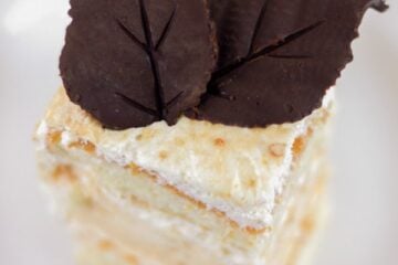 A piece of cake on a white plate garnished with chocolate leaves