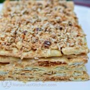 This Russian Napoleon Cake is the sweetest taste from my childhood. Buttery, flaky pastry layers generously filled with sweet cream filling - a must try!