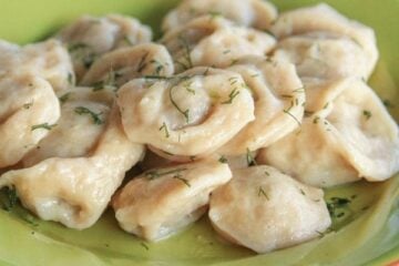 A green plate with Russian pelmeni garnished with dill
