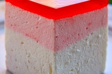 A must try Birds Milk Jello recipe. Inside a layer of creamy mouse topped with raspberry jello. I hope you enjoy this super easy and fancy dessert.