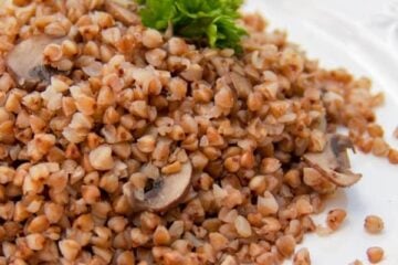 A plate of buckwheat with mushrooms