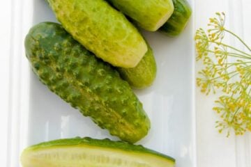 Pickles on a long tray with a piece of dill besides them
