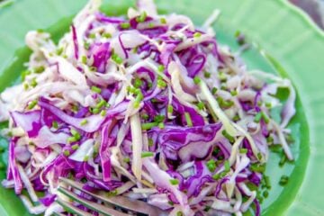 Cabbage and cucumber salad on a green plate with a fork beside it