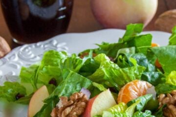 A plate of mandarin apple salad with a whole apple behind it
