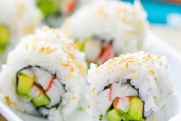 A close up of a plate of California Sushi Rolls