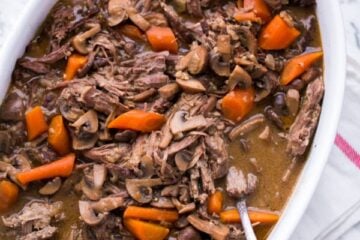 This Beef and Mushroom Pot Roast is so easy to cook and makes a great party dish, you can prepare it ahead of time. The meat is super tender when it's done.