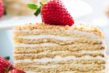 This honey cake is so soft and fantastic. The honey baked into the cake layers pairs perfectly with the simple sour cream frosting. It will WOW your crowd!