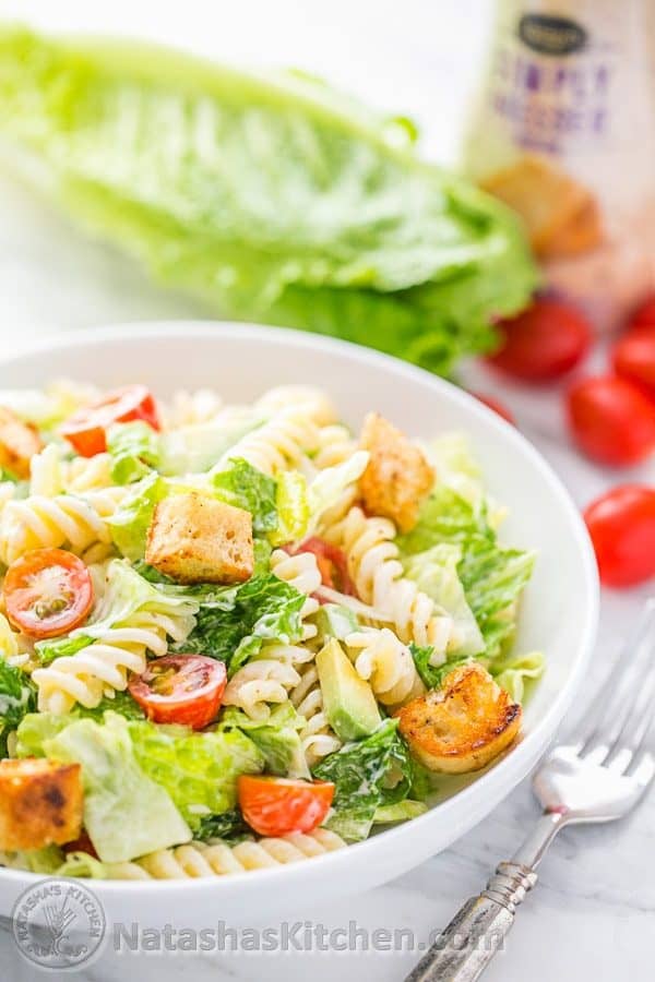 Caesar Pasta Salad served in a bowl with a fork