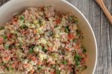 A bowl of olivye- Ukrainian potato salad