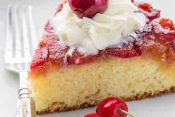 This Cherry Upside-Down Cake is sooooo soft! And you can use just about any kind of fruit! | NatashasKitchen.com