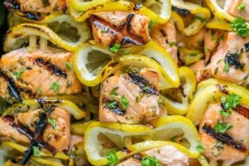 Easy grilled salmon skewers with garlic & dijon. Juicy with incredible flavor & takes less than 30 minutes ~ KEEPER! | natashaskitchen.com