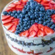 A no-bake berry trifle recipe that takes just 30 min! Loaded with blueberries, strawberries, layers of soft angel food cake and fluffy cream. Delicious! | natashaskitchen.com