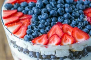 A no-bake berry trifle recipe that takes just 30 min! Loaded with blueberries, strawberries, layers of soft angel food cake and fluffy cream. Delicious! | natashaskitchen.com