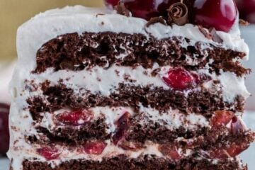A piece of drunken cherry cake on a plate garnished with fresh cherries
