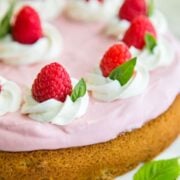 The tangy sweet raspberry mousse over this Raspberry Mousse Cake is so good! It's so tasty and pretty straightforward to make. It's a keeper!