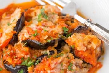 A white plate topped with eggplant with red pepper sauce and a fork beside it