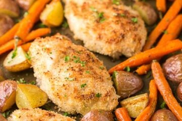 This one-pan chicken dinner is delicious and family-friendly. It's a one pan meal with just 6 ingredients! Such an easy dinner idea.