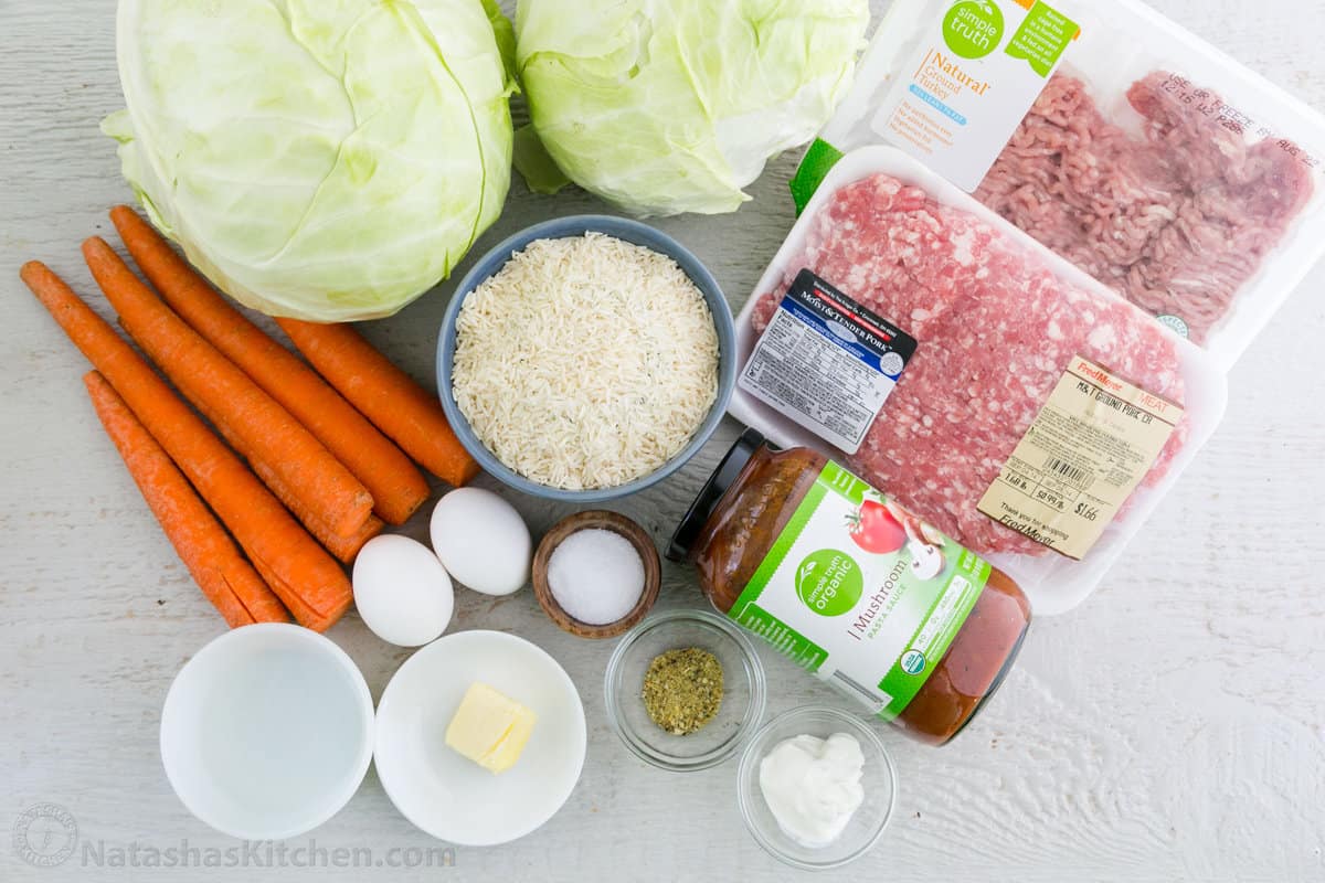 The ingredients for stuffed cabbage rolls.