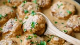 These chicken meatballs are delicious over egg noodles or creamy mashed potatoes. An easy chicken dinner idea for a busy weeknight (30 minute meal) - A video recipe