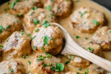 These chicken meatballs are delicious over egg noodles or creamy mashed potatoes. An easy chicken dinner idea for a busy weeknight (30 minute meal) - A video recipe