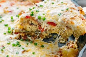This breakfast casserole goes from stove to oven in one pan. Under the gooey cheesy crust, it's loaded with bacon, hash browns and of course, more cheese!