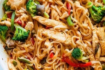 Chicken Stir Fry with Rice Noodles is an easy and delicious weeknight meal loaded with healthy ingredients. A one-pan, 30 minute chicken stir fry recipe.