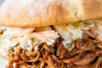 BBQ pulled pork with coleslaw on a bun served on a plate.