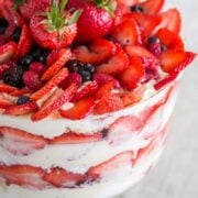 A close up of a mixed berry and angel food trifle