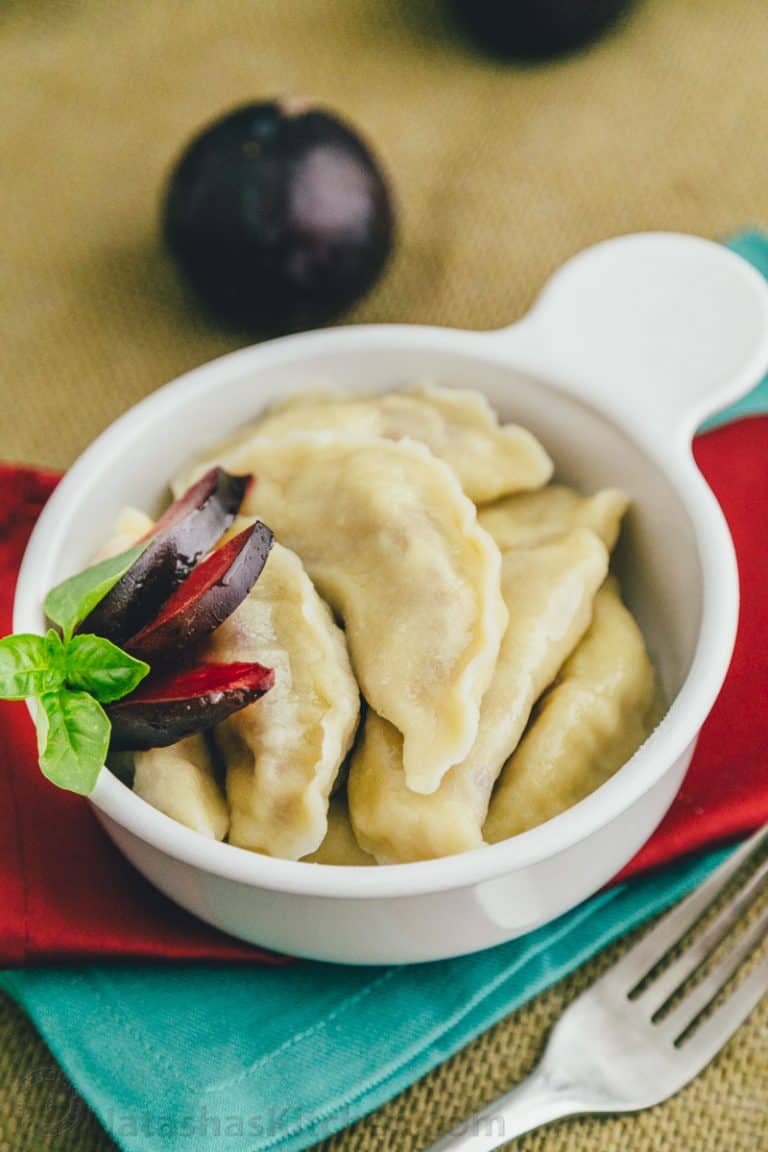 Plum vareniki are quite a treat; sweet inside and out. This was my favorite food growing up and it always brings back sweet memories.