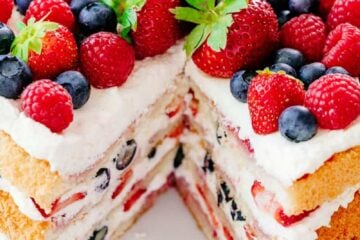 Berry Tiramisu Cake with slice cut out
