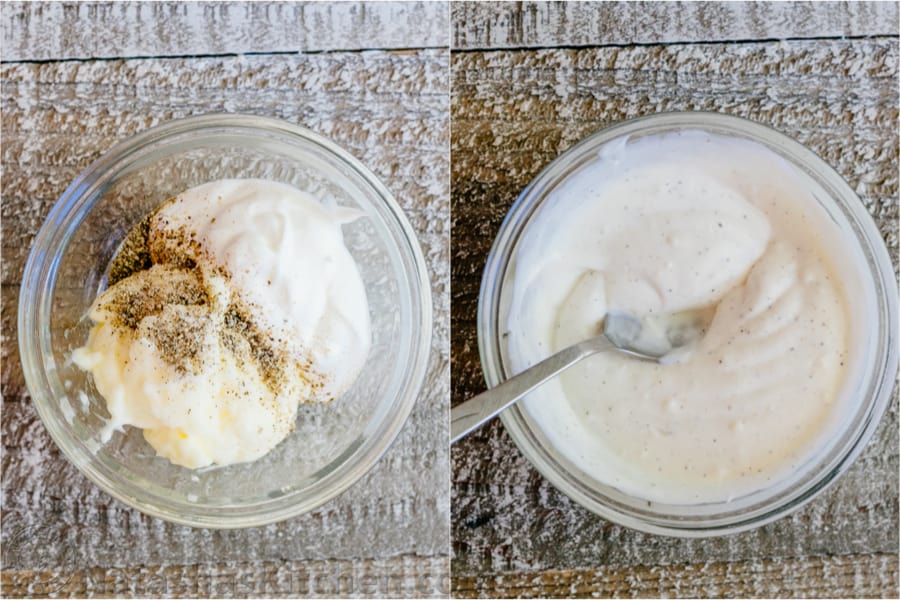 side-by-side photos of mixing salad dressing in a glass bowl using a spoon