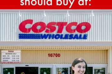 Natasha standing in front of Costco with a label that says 20 things you should buy at: