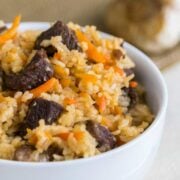 This Beef Rice Pilaf is the best I've tried. This recipe makes a big batch which is great since it reheats really well. Step-by-step photo instructions.