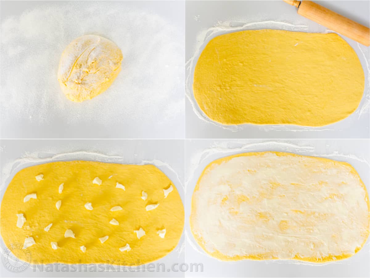 step by step collage how to roll out dough and dot with butter