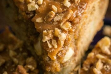 Apple coffee cake (classic apple dapple cake) is loaded with apple and walnuts. The caramel sauce creates a moist, buttery center. Easy apple coffee cake! | natashaskitchen.com