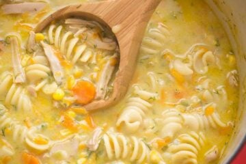Creamy chicken noodle soup in red pot