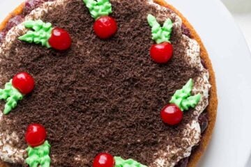 This Cherry Christmas Cake is simple, beautiful and tastes like Christmas! Sponge cake covered with 1 lb cherries and whipped frosting. Easy Cherry Cake! | natashaskitchen.com