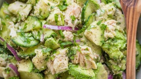 This Avocado Tuna Salad has incredible fresh flavor! Tuna Avocado Salad is loaded with protein. The avocado adds a healthy and highly satisfying creaminess. | natashaskitchen.com
