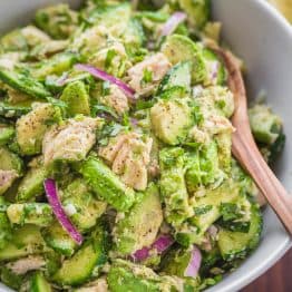 Avocado Tuna Salad in serving bowl with a spoon