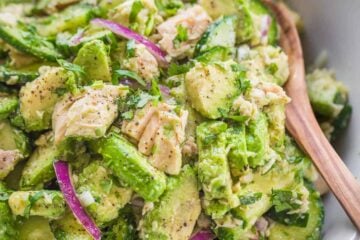 Avocado Tuna Salad in serving bowl with a spoon