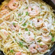 Creamy shrimp pasta in skillet