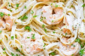 Creamy Shrimp Pasta reminds me of my favorite dish at Olive Garden with plump juicy shrimp and the easiest alfredo sauce. Rave reviews on this shrimp pasta! | natashaskitchen.com