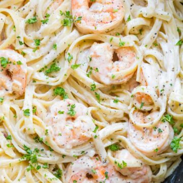 Creamy Shrimp Pasta reminds me of my favorite dish at Olive Garden with plump juicy shrimp and the easiest alfredo sauce. Rave reviews on this shrimp pasta! | natashaskitchen.com