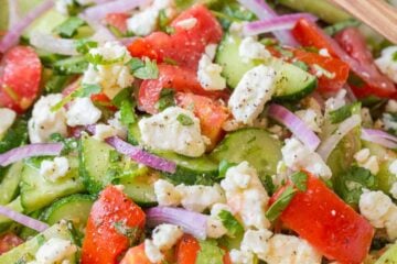 This Cucumber Tomato Feta Salad has simple ingredients that are a winning combination. Refreshing and flavorful! A new favorite cucumber tomato feta salad! | natashaskitchen.com