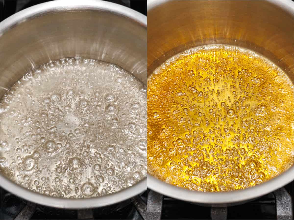 Caramel sauce going from clear to caramel colored