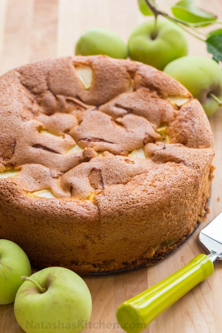 Meet your new favorite apple cake! This country apple cake (a.k.a. Sharlotka) is soft, moist and so easy with just 6 ingredients - perfect for company! | natashaskitchen.com