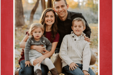 A Christmas card of a family that says merry and bright