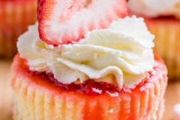 Mini strawberry cheesecakes are easy to make with simple ingredients. The texture in this strawberry cheesecake recipe is is creamy and smooth with a buttery crust. The fresh strawberry topping is irresistible. Valentine&rsquo;s Day Dessert! | natashaskitchen.com