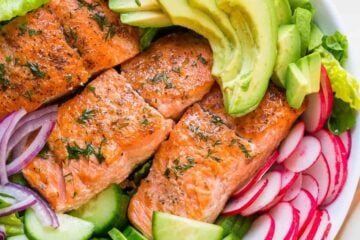 This avocado salmon salad recipe is loaded with all of the best salad ingredients; crisp cucumber and lettuce, and juicy pan seared salmon. The lemon dill dressing is so easy and gives this salmon salad amazing fresh flavor. | natashaskitchen.com
