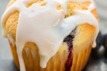 Blueberry Muffins with lemon glaze and fresh blueberries scattered